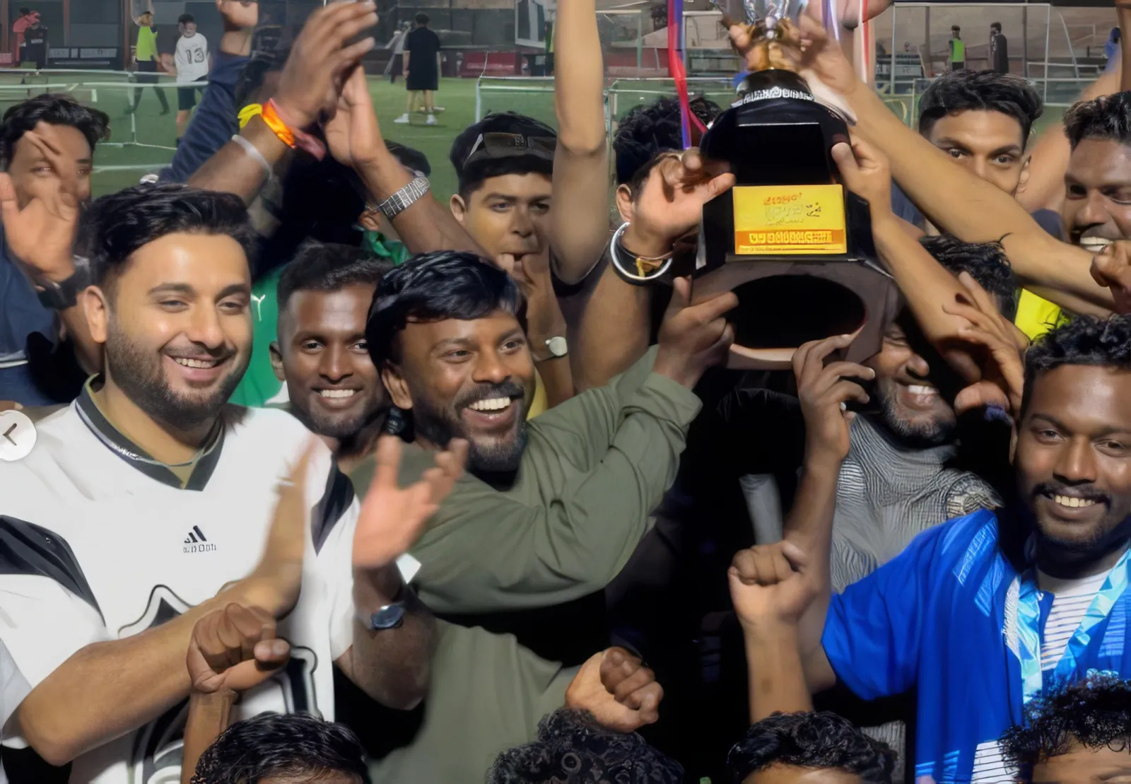 Players celebrating with a trophy